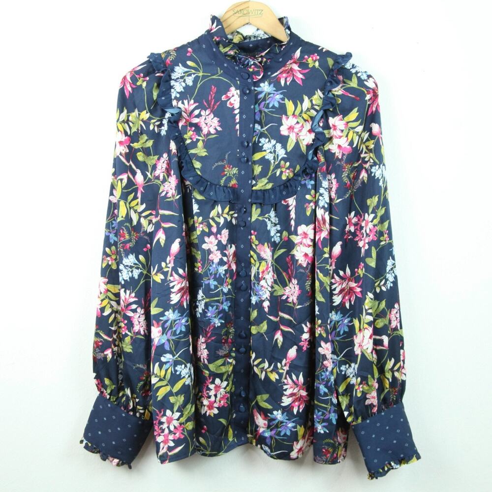 Biltmore 2X Blouse Ruffle Floral Bird Maximalist Satin Twee Elegant Office
